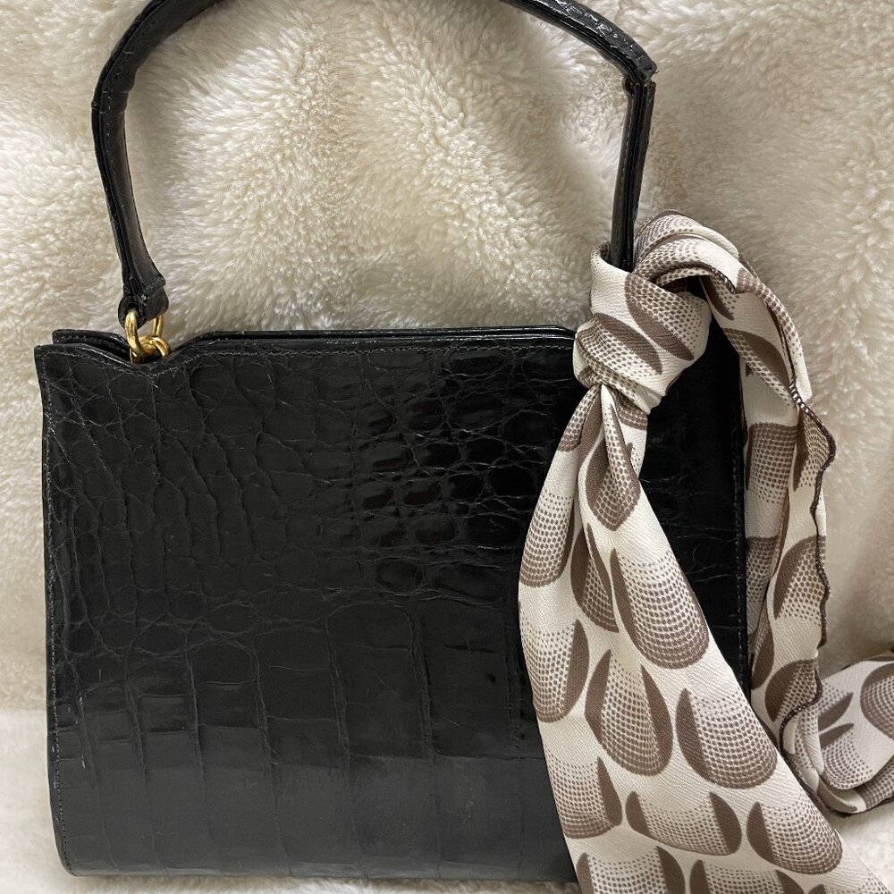 Vintage Lesco Black Leather Crocodile Textured Mid Century Modern Handbag